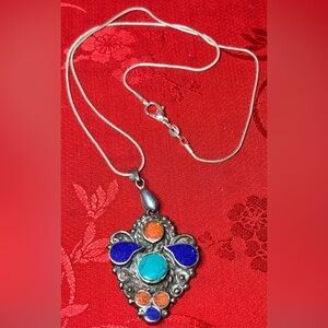 Tibetan Pendant Turquoise,Lapis and Red Coral Inlay.